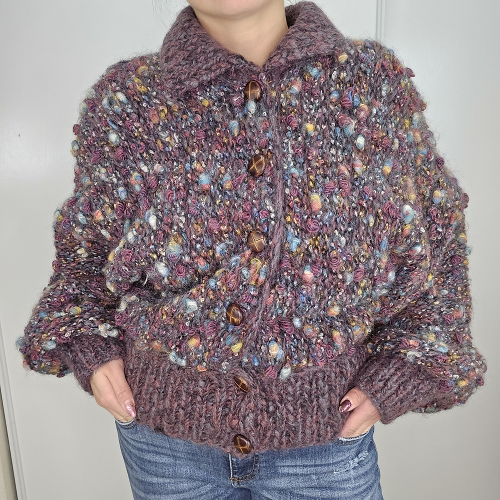 VTG Bini Knit Handmade Wool Chunky Knit Knot Cardigan Large Multicolored Italy